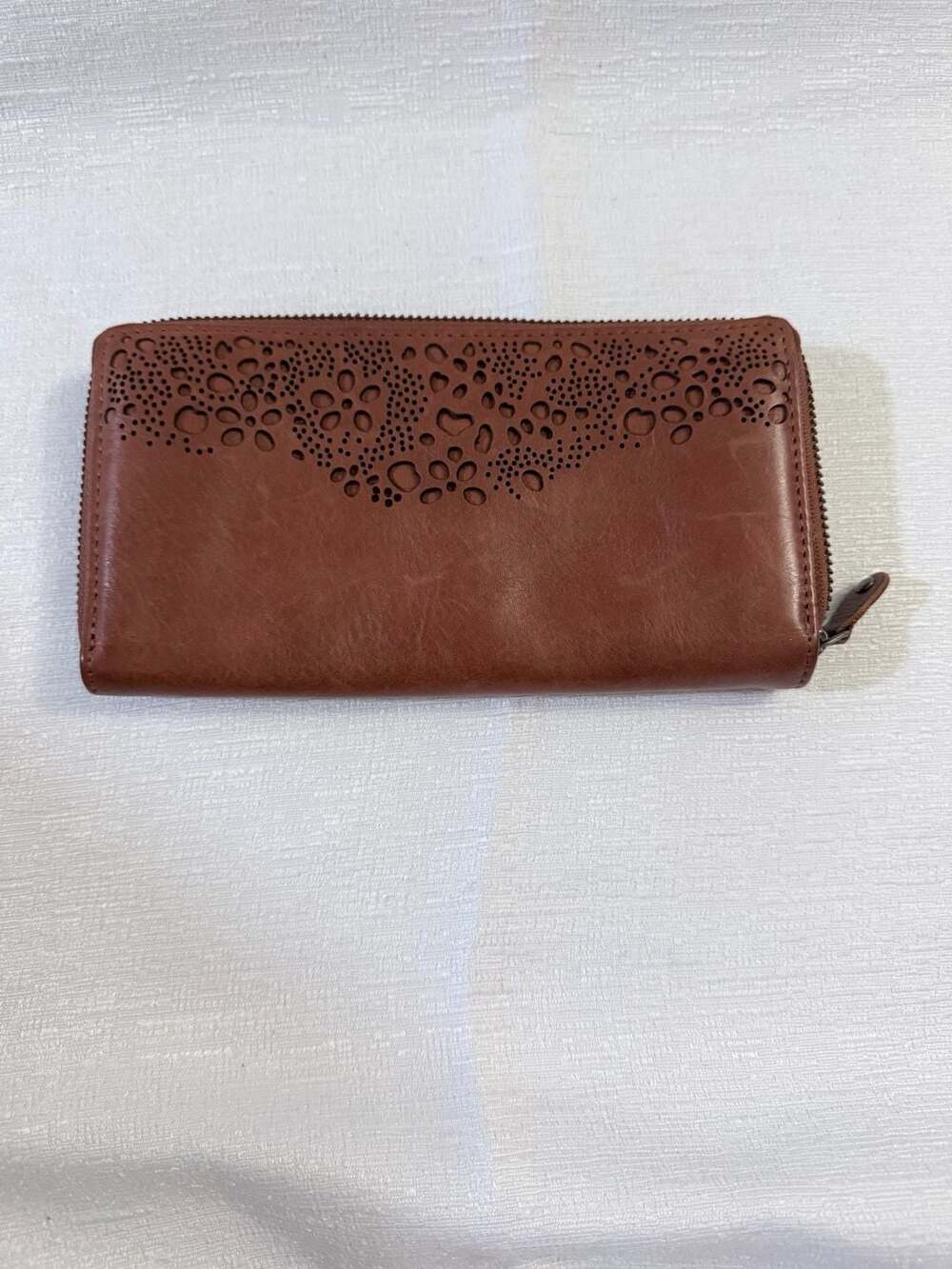 Brown Leather Gelsomino Zip-Around Wallet with Laser-Cut Floral Perforation